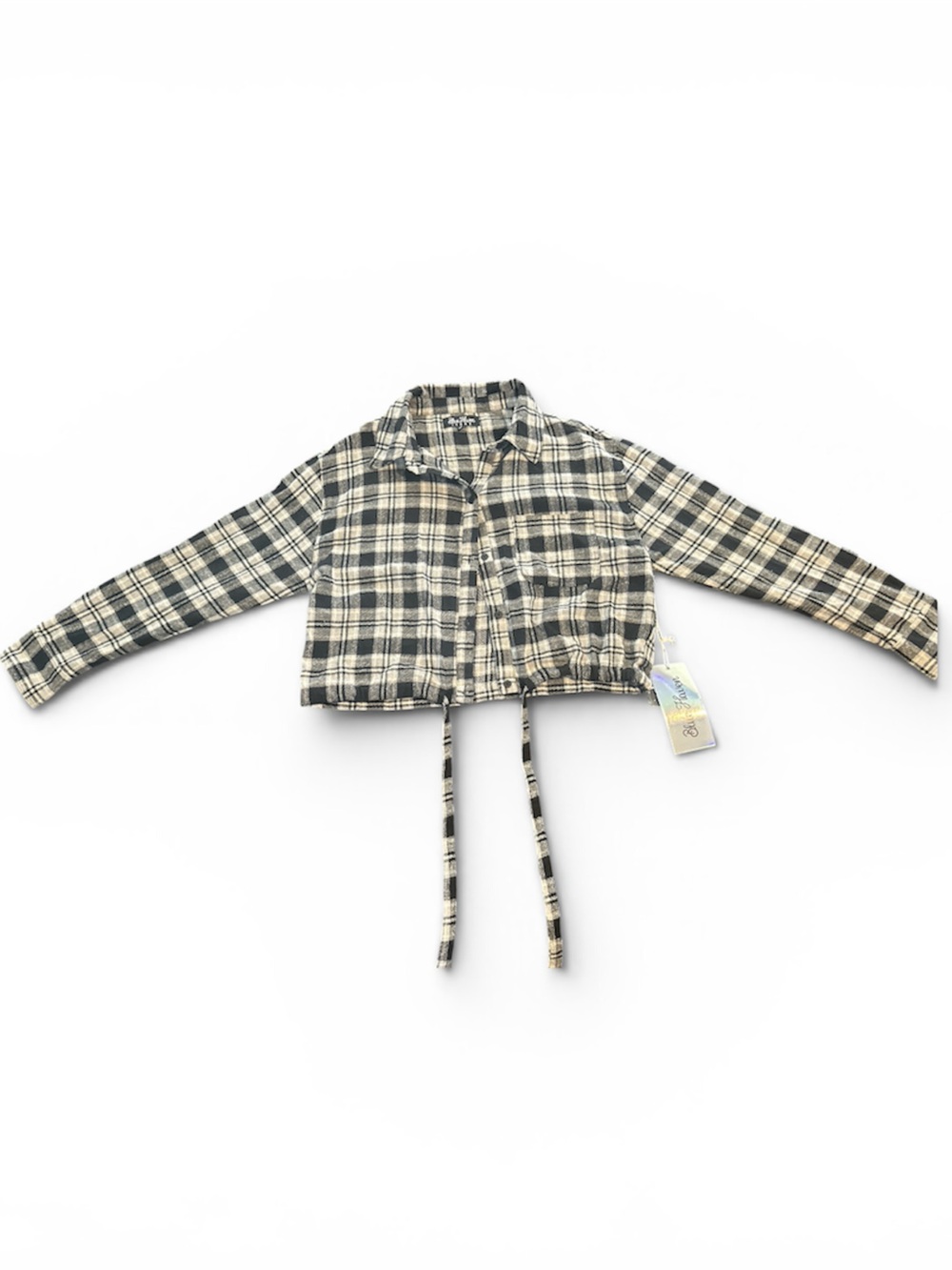 NWT Plaid Cropped Button-Up Black and White Top